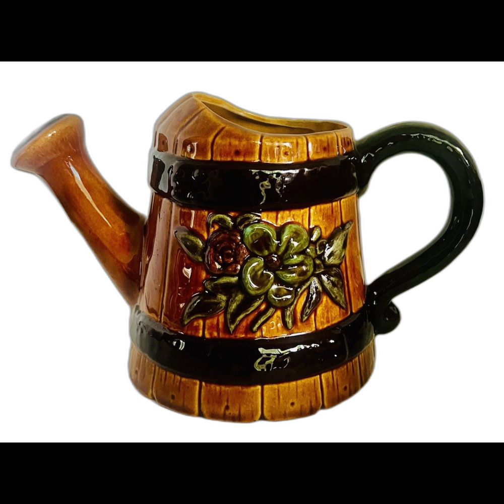 Vintage Hand Painted Brown Floral Ceramic Watering Can Planter